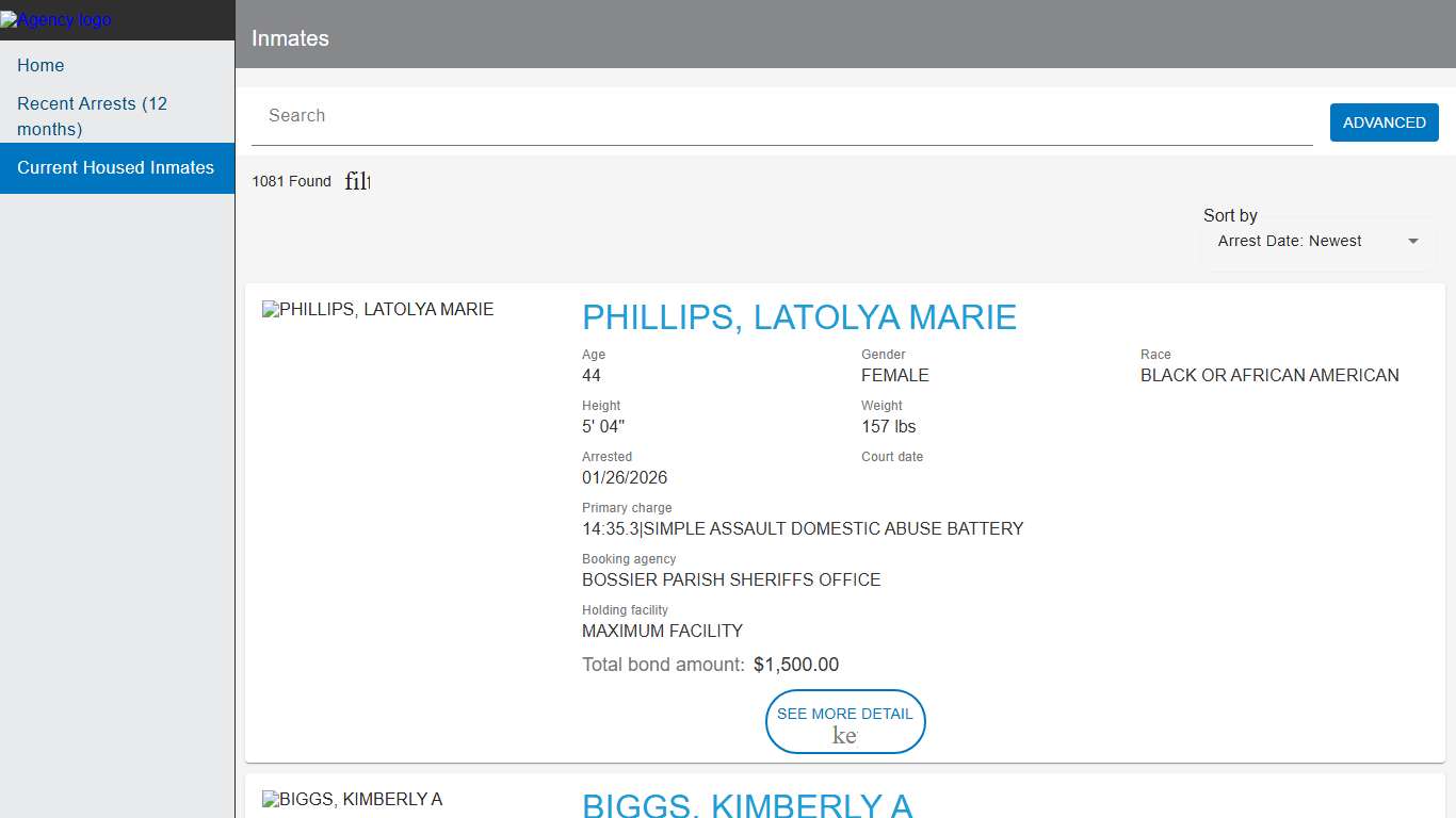 Bossier Parish Sheriff's Office Police to Citizen - Inmates catalog