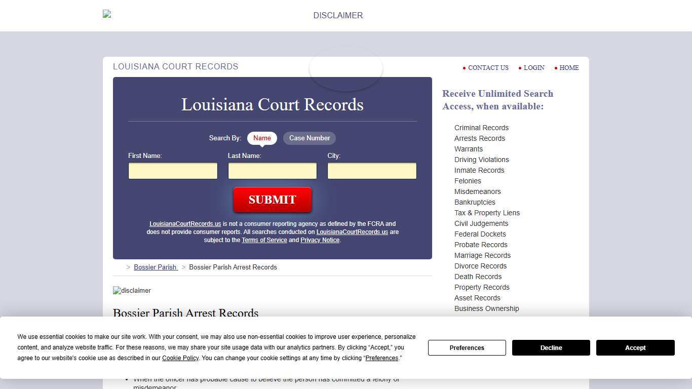 Bossier Parish Arrest Records LouisianaCourtRecords.us